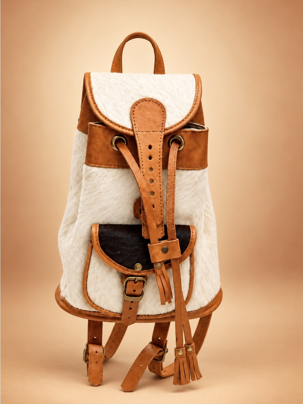 Hand Crafted White and Brown Leather-Trim Backpack